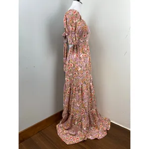 Inmod Pink Floral Puff Sleeve Open Tie Back Maxi Dress Small Romantic Feminine thumbnail 4