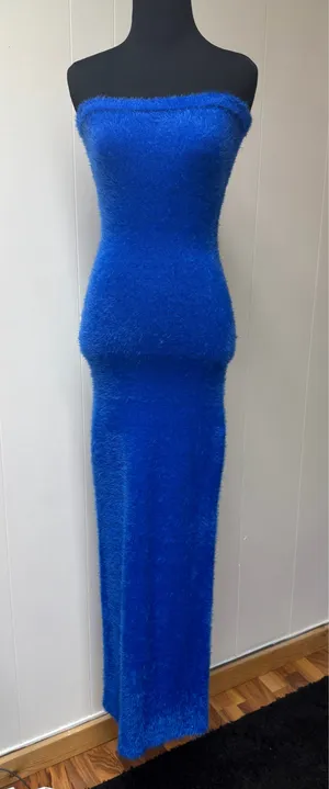 Blue White Fox Boutique Dress Maxi Strapless thumbnail 1