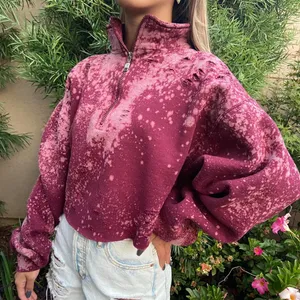 Distressed Bleached Russell Athletic Cropped 1/4 Zip Mock Neck Size L thumbnail 2