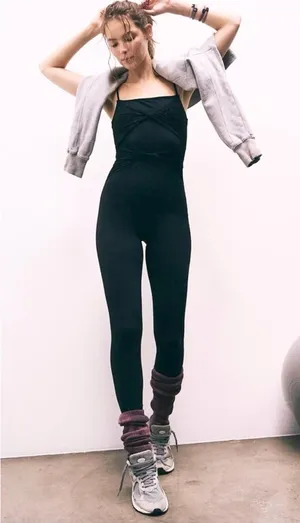 Free People Movement Women’s Lace Me Up Black Lace Twist Front Leotard Jumpsuit thumbnail 1