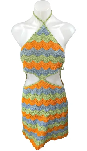 Zara Multicolor Halter Sleeveless Striped Crochet Knit Cutout Mini Dress Size S thumbnail 1