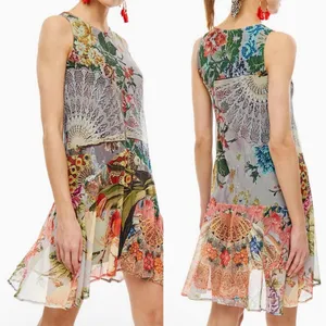 Desigual Large Lucille Tank Dress Asymmetrical Grey Colorful Flowy Spring thumbnail 2