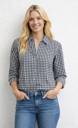 LAUREN RALPH LAUREN Black White Checkered Gingham 100% Cotton Button Up Shirt 0 thumbnail 1