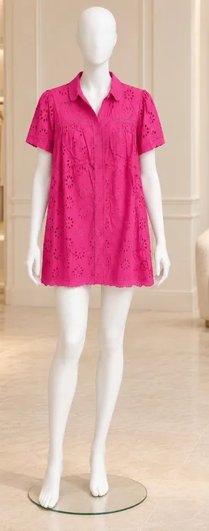 Allison New York Womens Eliana Eyelet Dress Hot Pink Button Front Medium thumbnail 1
