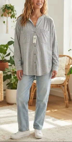 Aerie new button up grey cotton oversized flowy casual thumbnail 1