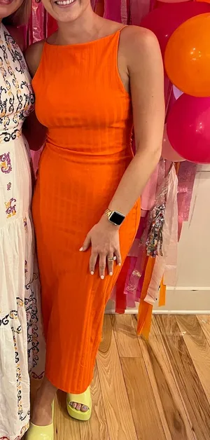 Zara Ribbed High Square-Neck Midi Dress in Orange thumbnail 1