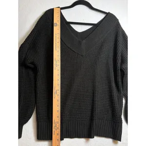 Zenana Black Waffle Knit V-Neck Balloon Sleeve Sweater TW-3418AB Medium thumbnail 9
