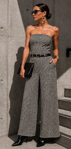 Maeve Anthropologie Houndstooth Strapless Wide Leg Jumpsuit Black White Size 8 thumbnail 1