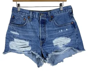 Levi's 501 Jean Shorts Distressed Raw Hem Medium Wash Denim Festival Size 30 thumbnail 1