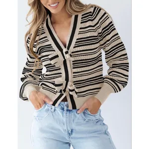 NEW Striped Cropped Sweater V Neck Cute Bow Tie Puff Sleeve S thumbnail 5