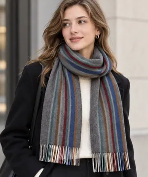 100% Wool Scarf Gray Multicolor Striped Fringe Soft Winter Unisex 61” thumbnail 1