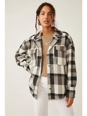 We The Free Free People Izzie Plaid Oversized Cargo Shirt Jacket Shacket Large Grunge 90s thumbnail 4
