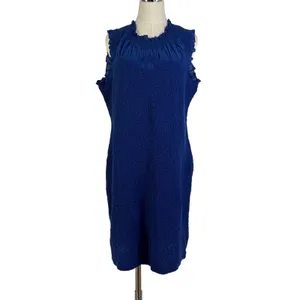 By Anthropologie Mock-Neck Textured Smocked Stretch Dress Blue Mini thumbnail 2