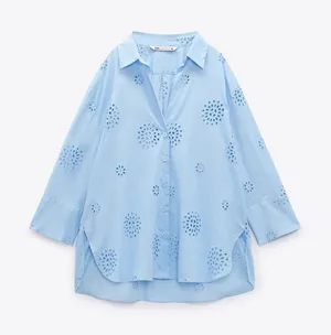 ZARA Blue Button-Up Shirt with Floral Eyelet thumbnail 1