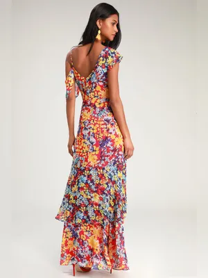Lulu’s Radiant Rudy Red Floral Print Chiffon Maxi Dress Medium NWT thumbnail 2