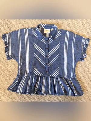 Anthropologie Maeve Allison Flounced‎ Button Down Blouse XS Linen Cotton Striped thumbnail 2