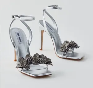 NWOT Steve Madden Ulyana metallic silver rhinestone floral heels summer party thumbnail 1
