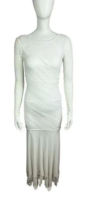 Auditions White Textures Mesh Long Sleeve Maxi Gown with Low Back and Lace Hem D thumbnail 1