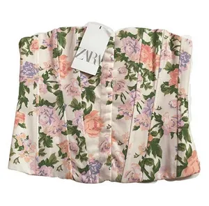 ZARA Cream and Pink Floral Corset Top thumbnail 1