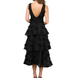 NWOT Lulus Exceptional Entrance Black Sleeveless Tiered Rosette Midi Dress Small thumbnail 3