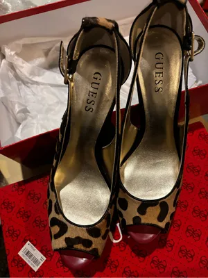 Guess Leopard Print Peep-Toe Slingback Heels with Red Accent thumbnail 3