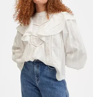 MANGO Ruffle Cotton Blouse White thumbnail 1