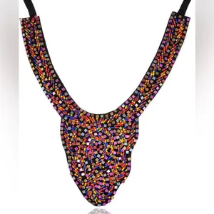 Colorful Metallic Beaded Tribal Ethnic Bib Scallop Edge Statement Necklace thumbnail 5