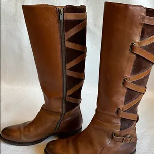 Frye Brown Leather Knee-High Boots with Suede criss cross accents size 8.5 thumbnail 7