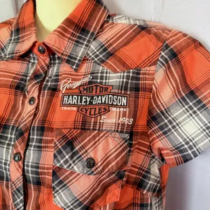 Harley Davidson Plaid Short Slv Snap Button Shirt S Orange Black Biker Western thumbnail 2