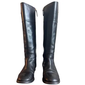 Tory Burch Kiernan Black Leather Riding Boots Gold Logo Knee High 7 thumbnail 2