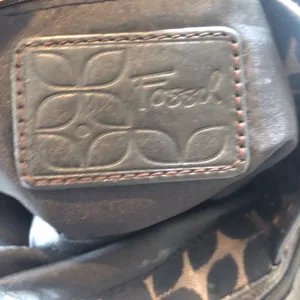 Fossil Brown Canvas Logo Leather Shoulder Strap Bag Purse With Key Fob Charm thumbnail 3
