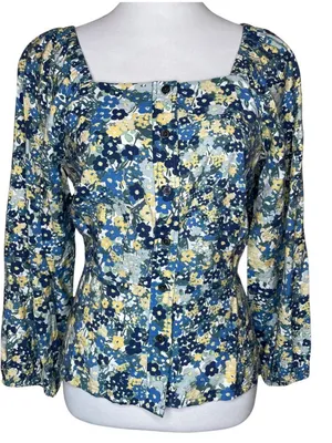 Ann Taylor Blue and Yellow Floral Square-Neck Button Front Top NWT 85$ XL thumbnail 1