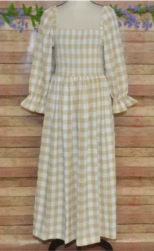 NWT Mud Pie Large Byerly Midi Dress Tan Gingham Plaid Smocked Cottagecore Ruffle thumbnail 1