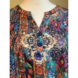 Boho Paisley Floral Henley Tunic Top Long Sleeve Multicolor XL whimsi festival thumbnail 2
