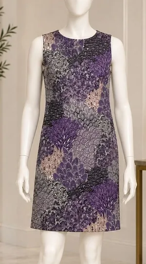 Connected Apparel Womens Sheath Dress Purple Grey Feather Print Size 10 thumbnail 1