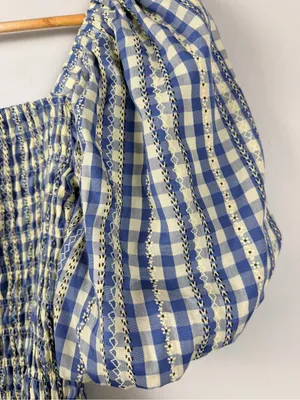English factory blue cream gingham floral smocked puff sleeve top size XS thumbnail 2