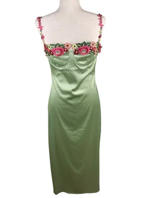 Y2K Fairycore Green Satin Slip Maxi Dress Size Medium Flower Strap Bodycon thumbnail 2