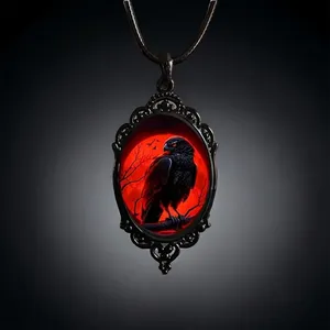 Red Moon Eagle Cameo Necklace Gothic Style Glass Pendent Choker Mystic Witch Jew thumbnail 2