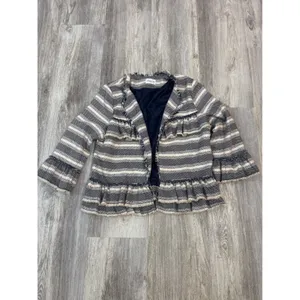 Sugarlips Striped Tweed Ruffle Jacket Navy Cream Frayed Edge Womens Size‎ Medium thumbnail 2