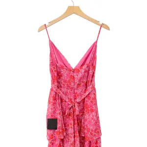 Lulus Adorable Obsession Pink Floral Print Lurex Tiered Midi Dress size L NWT thumbnail 6