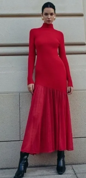 Commense Red Maxi Sweater Dress Ribbed Large Turtleneck Sheer Hem Evening thumbnail 1