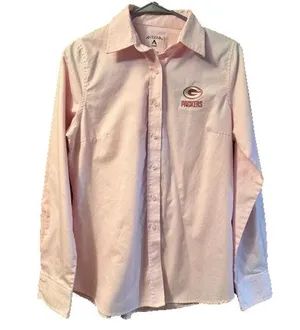 Women’s Medium Antigua Pink Green Bay Packers Button Down Dress Shirt thumbnail 1