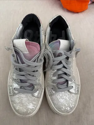 P448 Women’s Silver Metallic Lace-Up Sneakers with Iridescent Tongue thumbnail 1