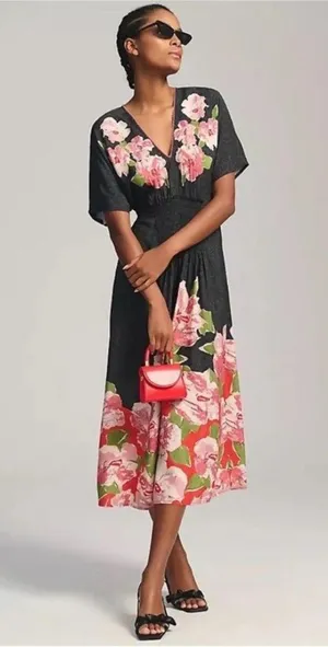 Anthropologie Blank London Tatiana Black & Pink Floral Kaftan Midi Dress thumbnail 1