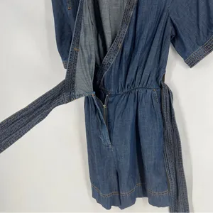 Pilcro by Anthropologie Blue Chambray Denim Tie‎ Waist Wrap Bodice V-Neck Romper thumbnail 11