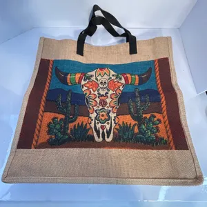 Jute Tote‎ Bag Day of the Dead Skull Cactus Desert Southwestern thumbnail 2