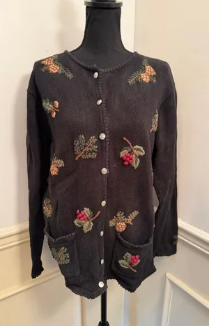 Vintage Stitches in Time Embroidered Autumn Cardigan Sweater Black Knit Large thumbnail 1