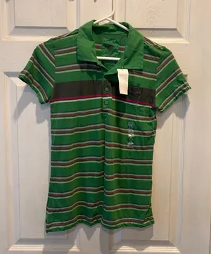 NWT Old Navy Perfect Fit Polo Shirt Green Striped Short Sleeve Cotton‎ Womens M thumbnail 1