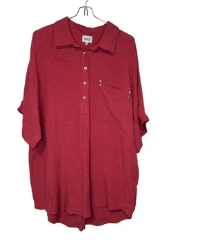 BKE Women Top Shirt Button Front Collar Pocket Short Sleeve Oversized Red‎ Small thumbnail 1