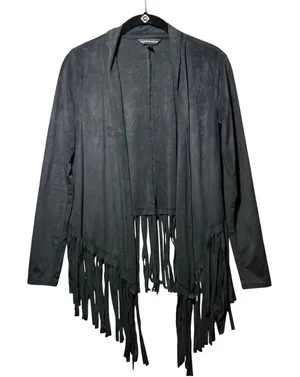 Rock & Republic Black Faux Suede Fringe Open Front Cardigan Jacket XS Waterfall thumbnail 1